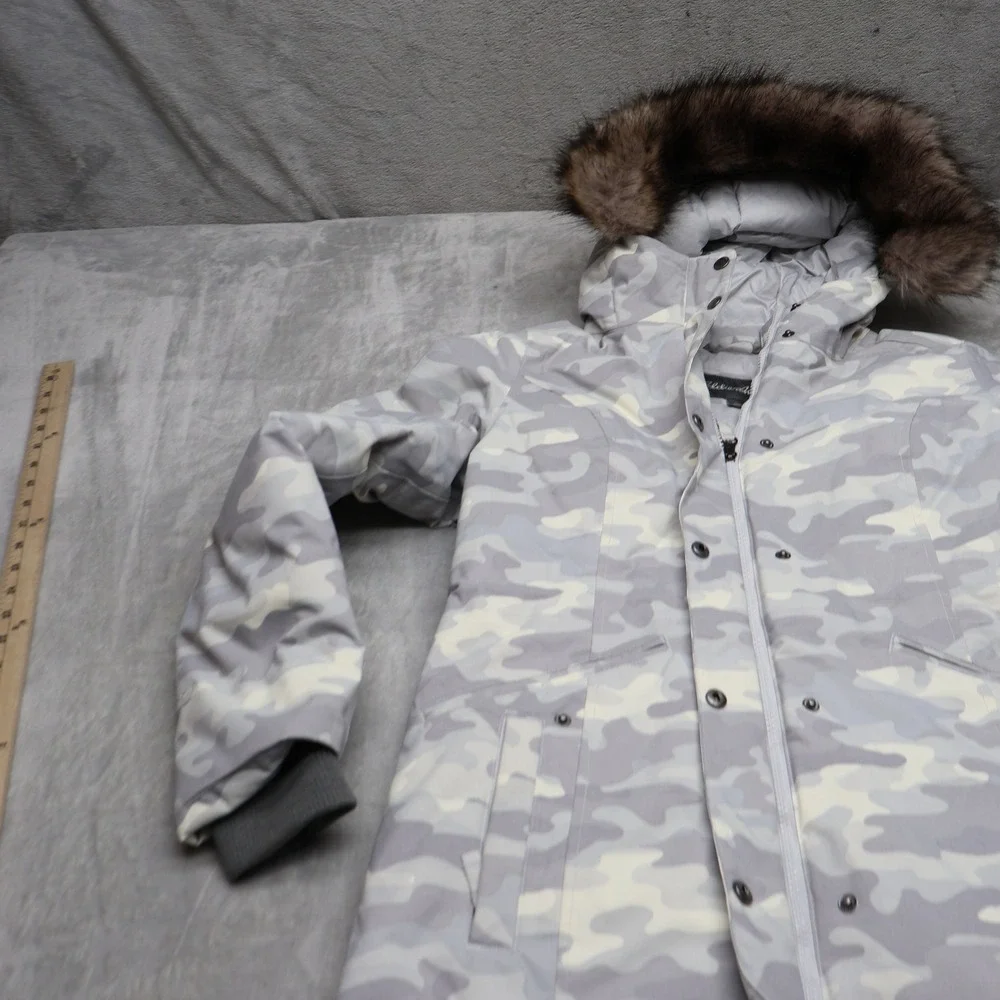 Eddie Bauer Down Jacket Womens Small White Camo Faux Fur Trim Insulated Parka
